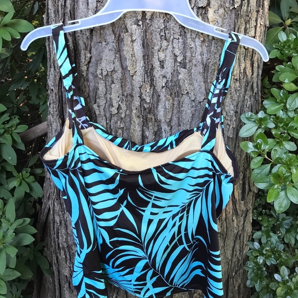 Jamaica Bay Tropical Leaves Swim Top Tankini Bra Brown & Turquoise Blue Bra 16 - Picture 7 of 11